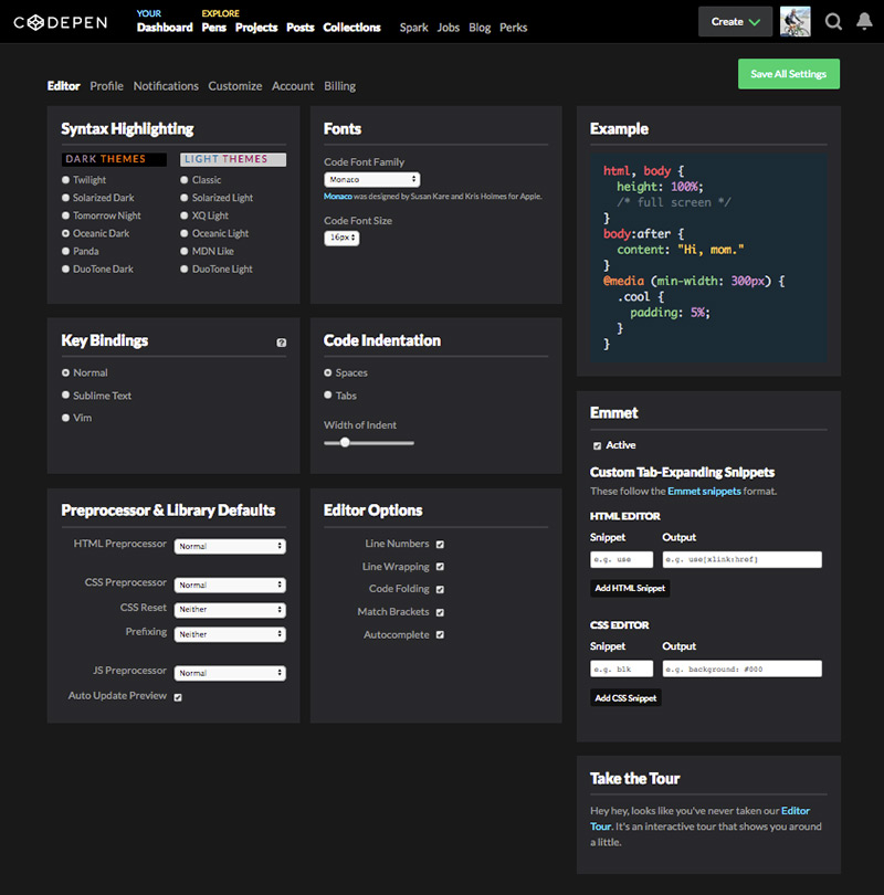 Codepen Settings