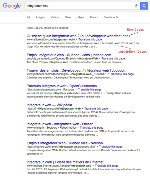 Exemple de résultats de recherche avec title et description.