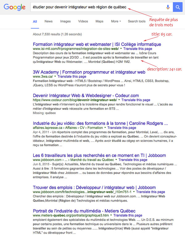 Exemple de résultats de recherche avec title et description.